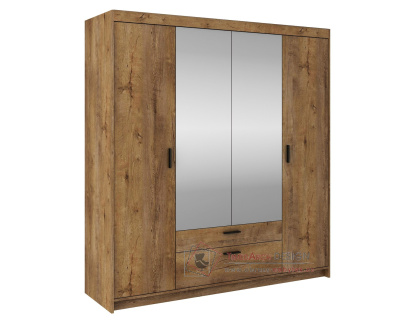 ELINA, šatní skříň 4-dveřová se 2-mi zásuvkami 176cm, dub lefkas / zrcadla