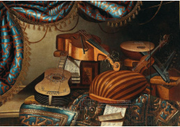 D-5968 Neznámý autor - Hudební nástroje, noty a knihy na koberci pokrytém stole
