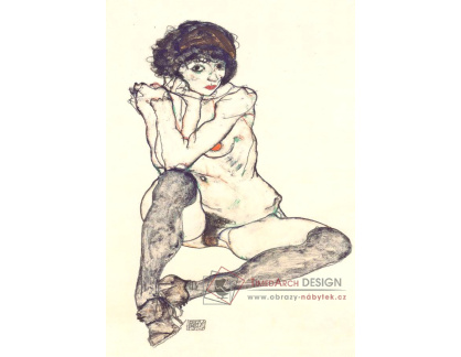 VES 164 Egon Schiele - Sedící ženský akt s lokty na kolenou