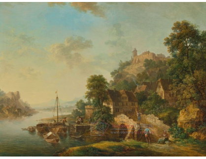 A-8684 Christian Georg Schutz - Pohled do údolí Rýna s výhledem na město Braubach a hrad Marksburg