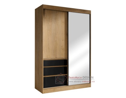 ROMUALDA, šatní skříň s posuvnými dveřmi a 3-mi zásuvkami 140cm, dub lefkas / černá / zrcadlo