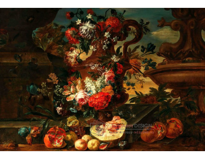 A-2217 Jacob Melchior Herck - Květy ve  váze s granátovými jablky a melounem u kamenné římsy