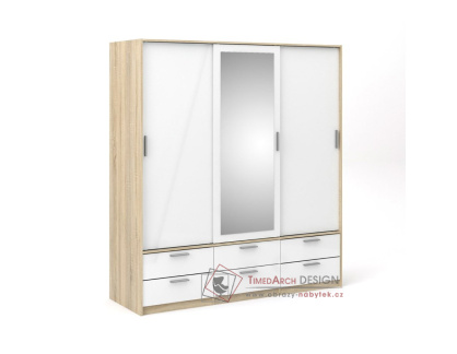 LINCOLN 320, šatní skříň s posuvnými dveřmi a 6-ti zásuvkami 181,5cm, dub / bílý lesk / zrcadlo