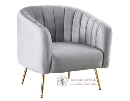 BAGY, designové křeslo, gold chrom zlatý / látka velvet šedá