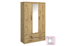 AIRON, šatní skříň 3-dveřová se 4-mi zásuvkami 128cm, dub artisan / zrcadlo