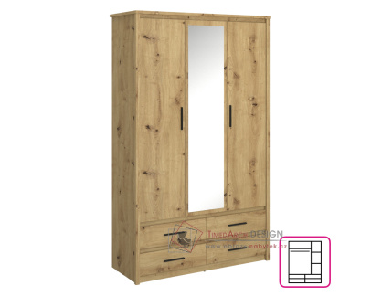 AIRON, šatní skříň 3-dveřová se 4-mi zásuvkami 128cm, dub artisan / zrcadlo