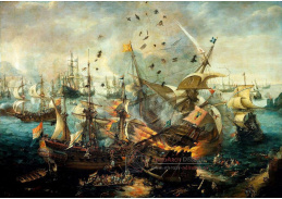 VL10 Cornelis Claesz van Wieringen - Exploze španělské vlajkové lodi během bitvy u Gibraltaru 25 dubna 1607