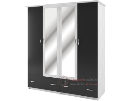 ESSEX šatní skříň 4-dveřová se 2-ma zásuvkami 170cm, light artwood / antracit / zrcadla