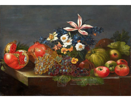 KO VI-107 Neznámý autor - Zátiší s květinami, granátovým jablkem a hrozny