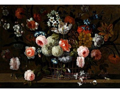 A-1381 Simon Hardimé - Zátiší z růží, narcisů, svlačce, hortenzii a dalších květin v košíku