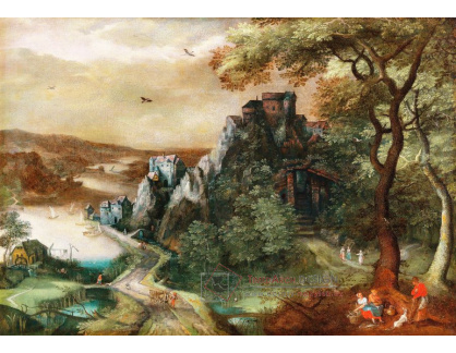 DDSO-3293 David Vinckboons - Rozsáhlá horská krajina s řekou a hradem na kopci