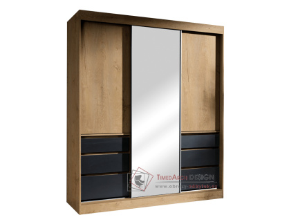 ROMUALDA, šatní skříň s posuvnými dveřmi a 3-mi zásuvkami 180cm, dub lefkas / černá / zrcadlo
