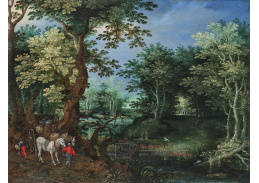 A-8690 Jan Brueghel - Lesnatá krajina s cestovateli a koňským povozem u rybníka