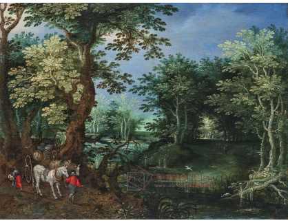A-8690 Jan Brueghel - Lesnatá krajina s cestovateli a koňským povozem u rybníka