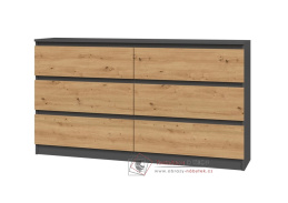 MALVÍNA M6, komoda se 6-ti zásuvkami 138-40cm, antracit / dub artisan