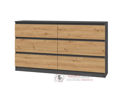 MALVÍNA M6, komoda se 6-ti zásuvkami 138-40cm, antracit / dub artisan