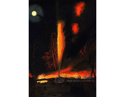 KO II-35 James Hamilton - Hořící ropný vrt v noci u Rouseville v Pennsylvanii