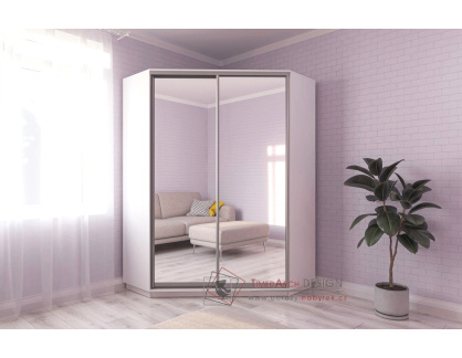 CORA, šatní skříň rohová s posuvnými dveřmi 140cm, bílá / zrcadlo