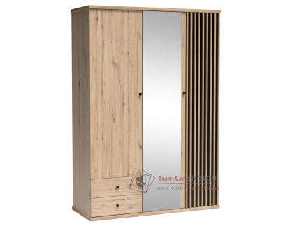 BARBUS, šatní skříň 3-dveřová se 2-ma zásuvkami 150cm, dub artisan / černá / zrcadlo