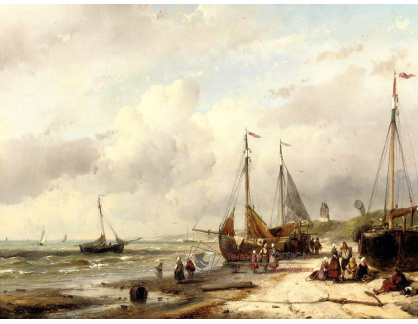 SO XVI-164 Andreas Schelfhout - Rybáři a rybářské lodě na nizozemském pobřeží