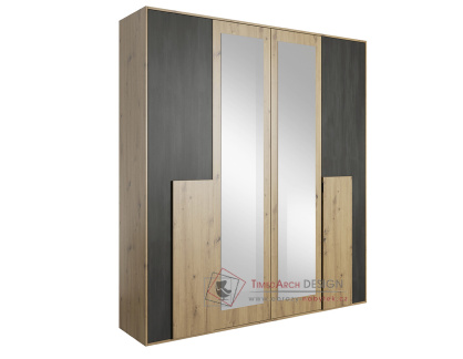 BAFRA, šatní skříň 4-dveřová 200cm, dub artisan / černá borovice norská / zrcadla