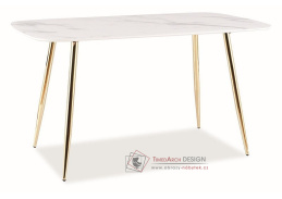 CERES, jídelní stůl 140x80cm, zlatá / bílá + mramorované sklo