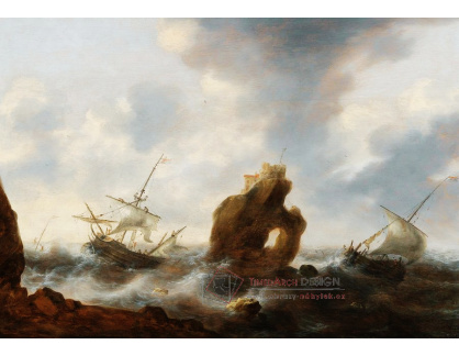 DDSO-3634 Jacob Bellevois - Skalnaté pobřeží s loděmi v bouřlivém moři