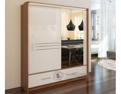 AMSTERDAM, šatní skříň s posuvnými dveřmi a 2-ma zásuvkami 203cm, slíva / bílý lesk / zrcadlo