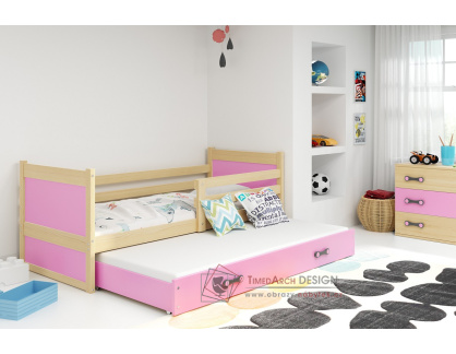 RIKY II, postel s přistýlkou 90x200cm, borovice / růžová
