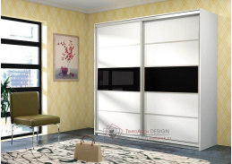 DUBAJ, šatní skříň s posuvnými dveřmi 220cm, bílá / černé sklo