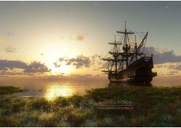 VL126 Neznámý autor - Stará plachetnice na moři při západu slunce