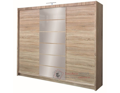 MALIBU, šatní skříň s posuvnými dveřmi 250cm, dub sonoma / zrcadla