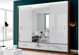 AMSTERDAM, šatní skříň s posuvnými dveřmi 250cm, ořech / bílé sklo / zrcadlo