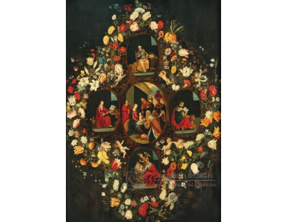 A-8501 Jan Brueghel - Květinový věnec obklopující uctívání  a čtyři evangelisty