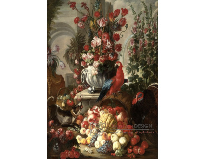 KO V-13 Nicola Malinconico - Zátiší s ovocem, květinami, psem, papouškem a krůtou