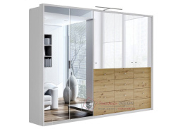 SALTA, šatní skříň 5-ti dveřová s 12-ti zásuvkami 255cm, bílá / dub artisan / bílý lesk / zrcadlo