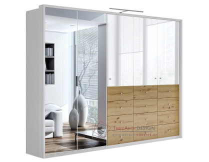 SALTA, šatní skříň 5-ti dveřová s 12-ti zásuvkami 255cm, bílá / dub artisan / bílý lesk / zrcadlo