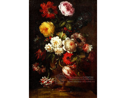D-9038 Bartolomeo Bimbi - Zátiší s květinami, růžemi, karafiáty, sasankami a hyacintem v kovové váze